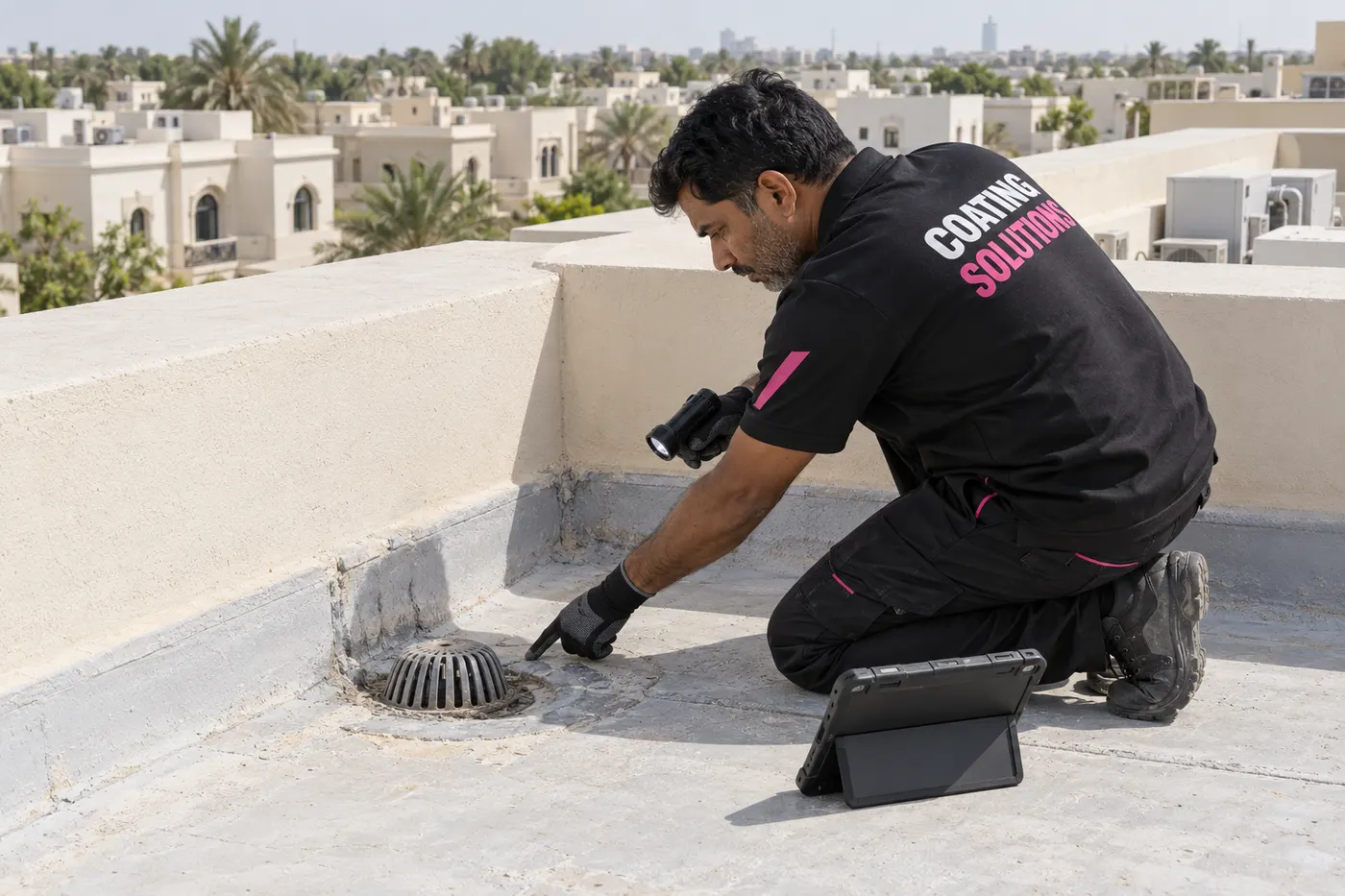 Technician kneeling with a torch to inspect a roof drain during an assessment