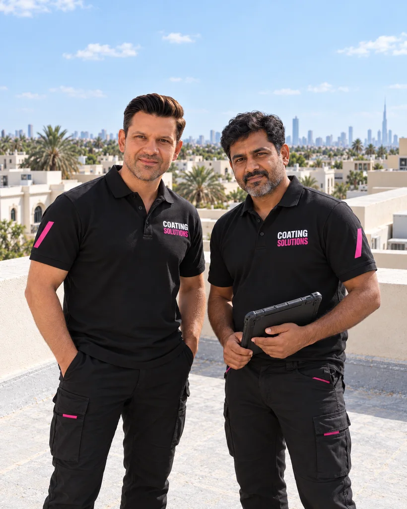 Daniel and Julius in Coating Solutions workwear on a rooftop in Dubai