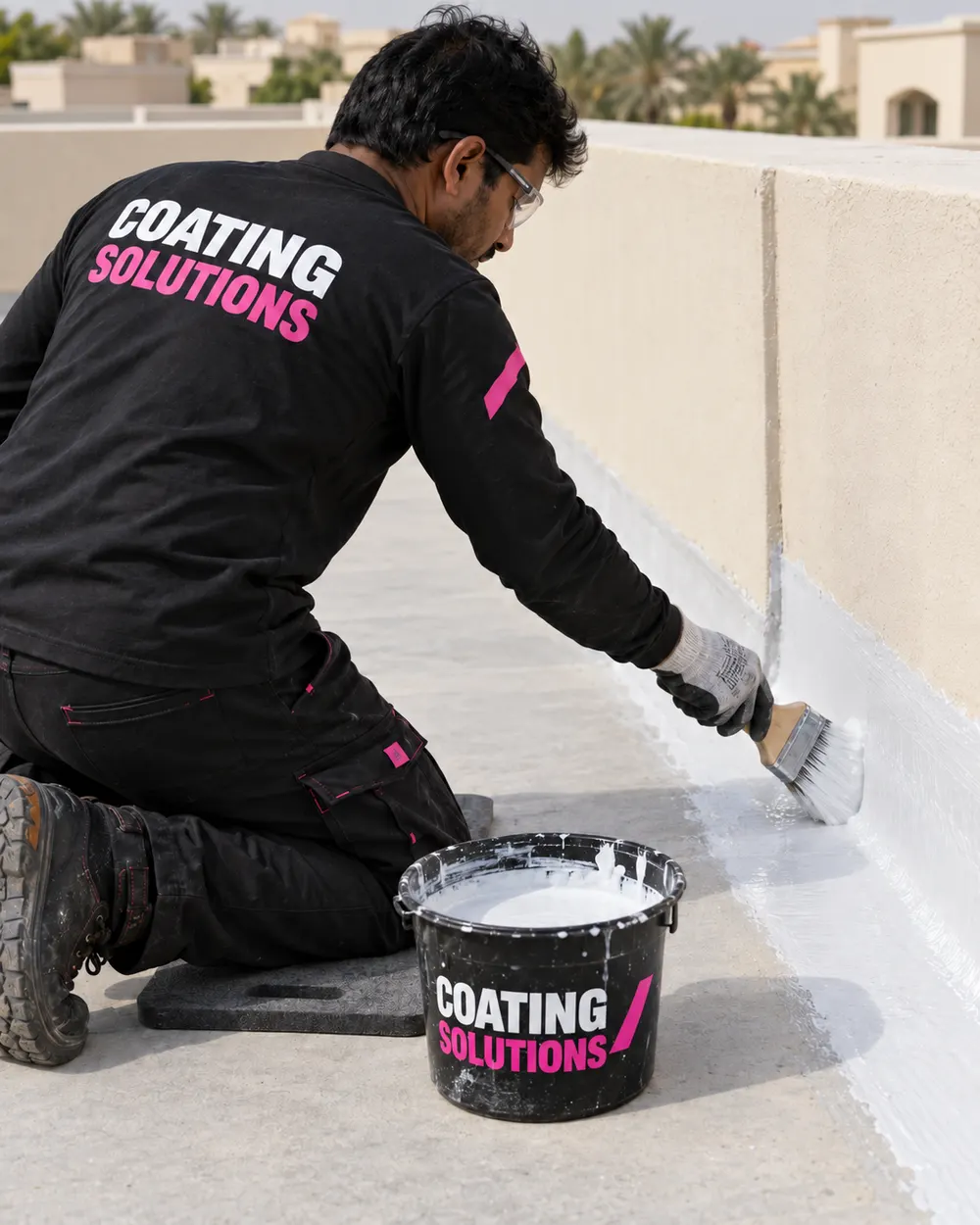 Technician brushing coating into the joint between roof and parapet, next to a Coating Solutions bucket