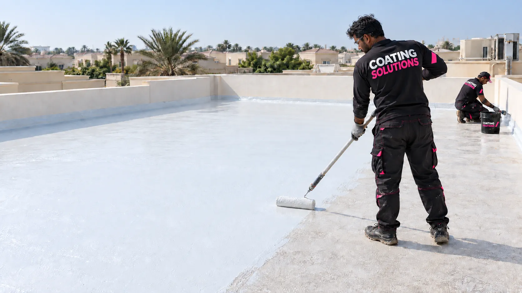 Coating Solutions technician rolling a white waterproof coating across a flat villa roof in Dubai